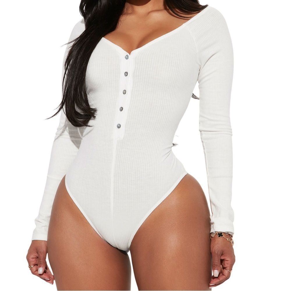 Fashion Nova Hazel Ribbed Henley Bodysuit in White
